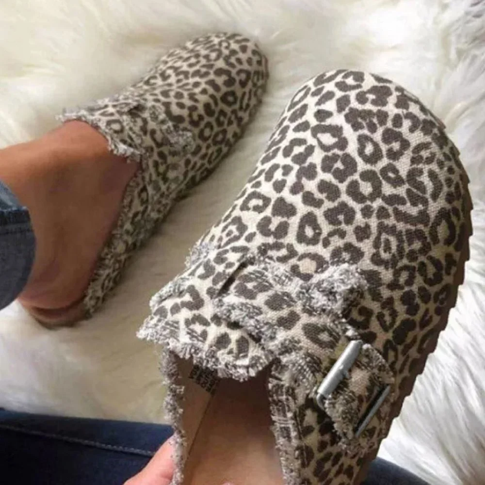 Leopard Buckle Strap Frayed Canvas Slip On Slippers - Picture 1 of 9
